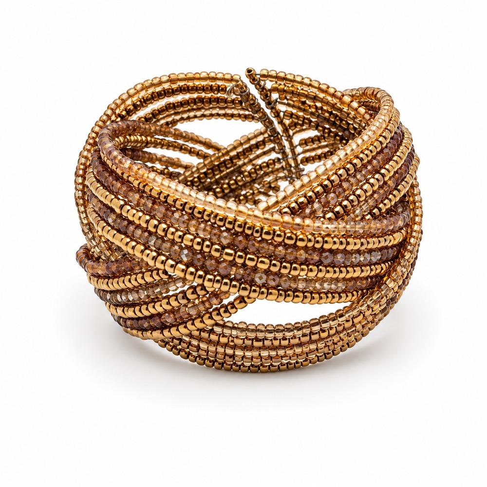 Vintage Metallic Seed Bead Bracelet Wide Woven Cuff Brown Bronze Bohemian